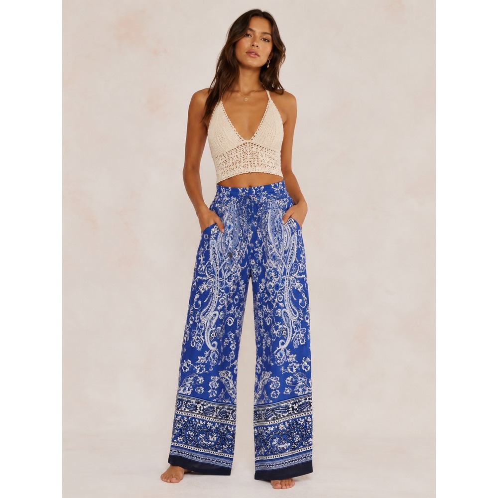Rose & Rhyme Blue Paisley Wide Leg Palazzo Pants Small